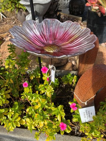 Glass Bird Bath on Stake- Pink Daisy