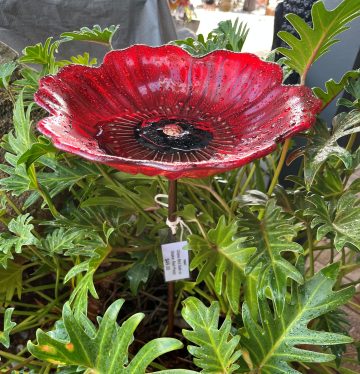 Glass Bird Bath on Stake- Red Poppy
