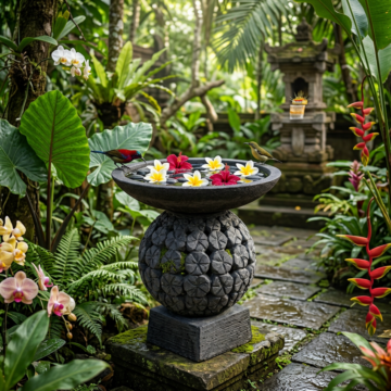 Frangipani Ball Birdbath Casted Stone - Black