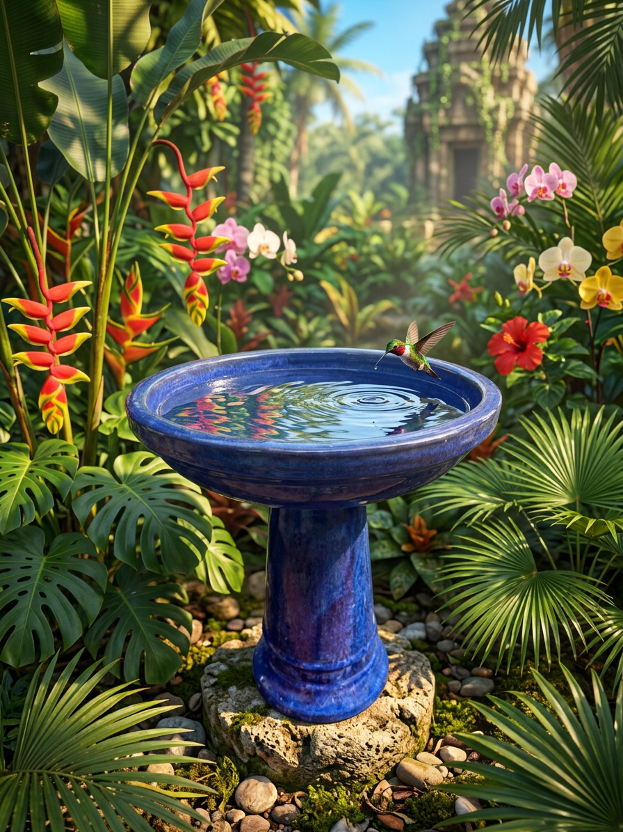 Glazed Ceramic Birdbath - Blue