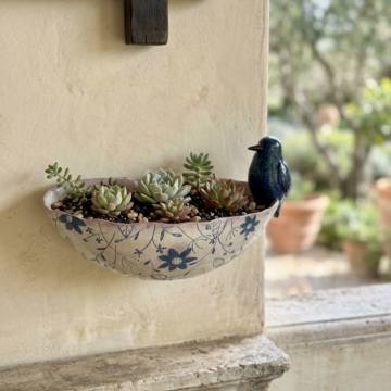 White Patterned Wall Pot with Bird