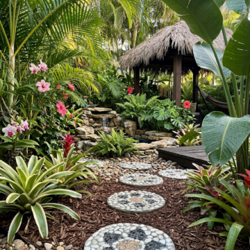 Bali Stepping Stone/Paver - Round Creme 5 Black Petals