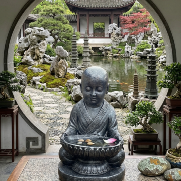 Shaolin Monk Statue Holding Bowl &ndash; Black & Silver