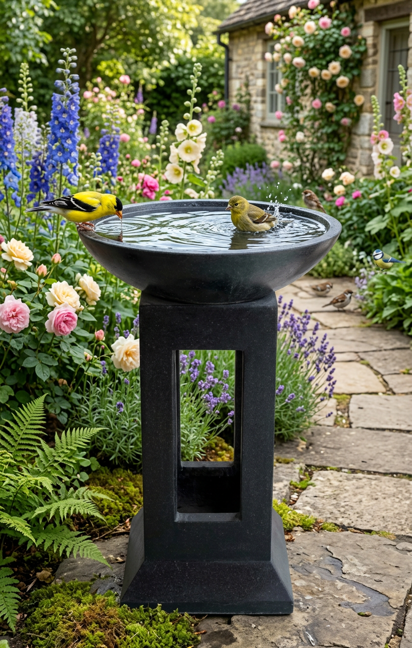 Terrazzo Box Birdbath - Black