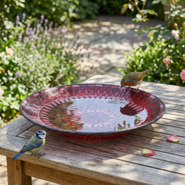 Mosaic Bird Bath Bowl Red